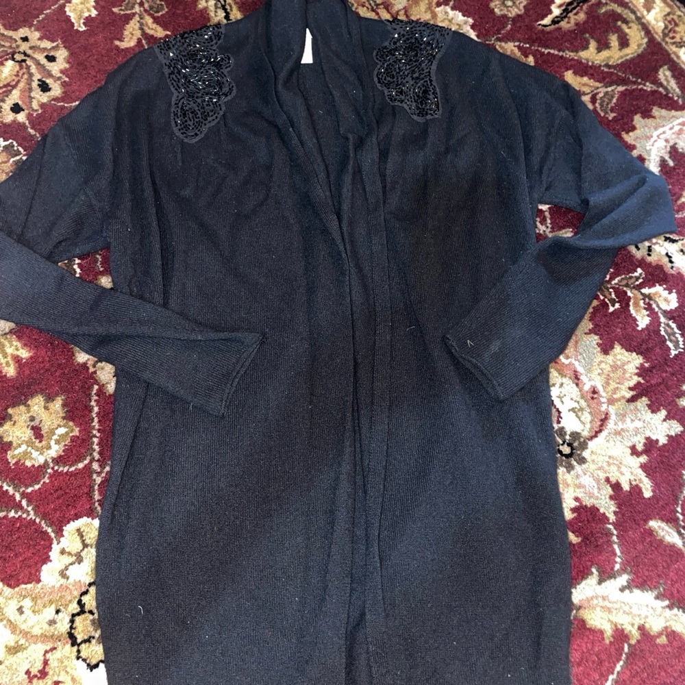 White and Warren black cashmere cardigan w shoulder beading